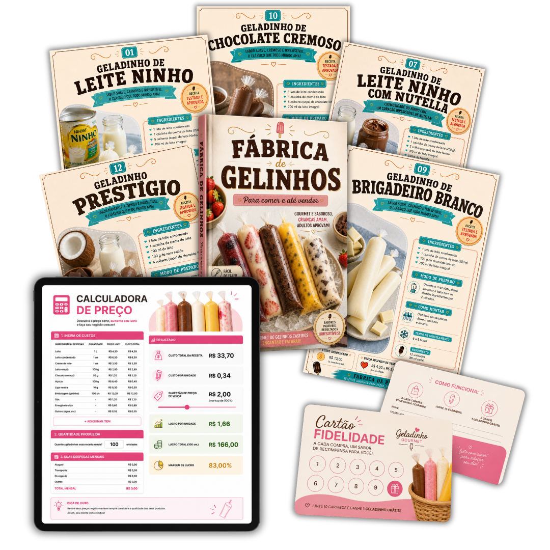 Catálogo Fábrica de Geladinhos com páginas, calculadora e cartão fidelidade