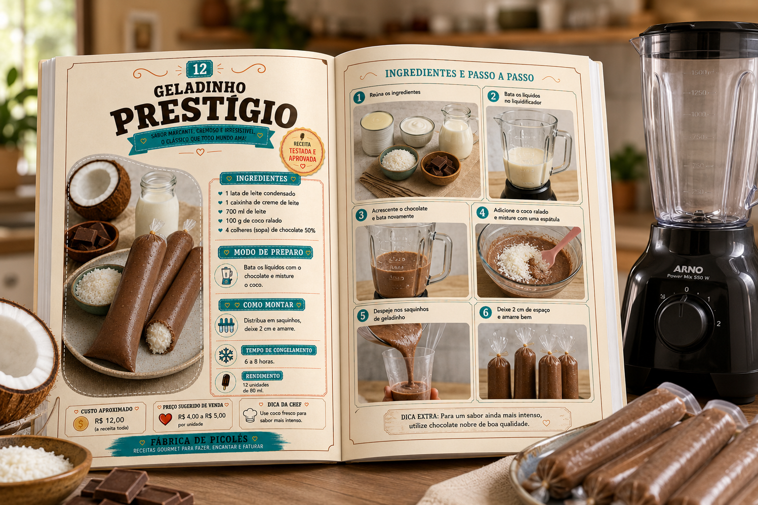 Catálogo aberto ao lado de um liquidificador e geladinhos prontos