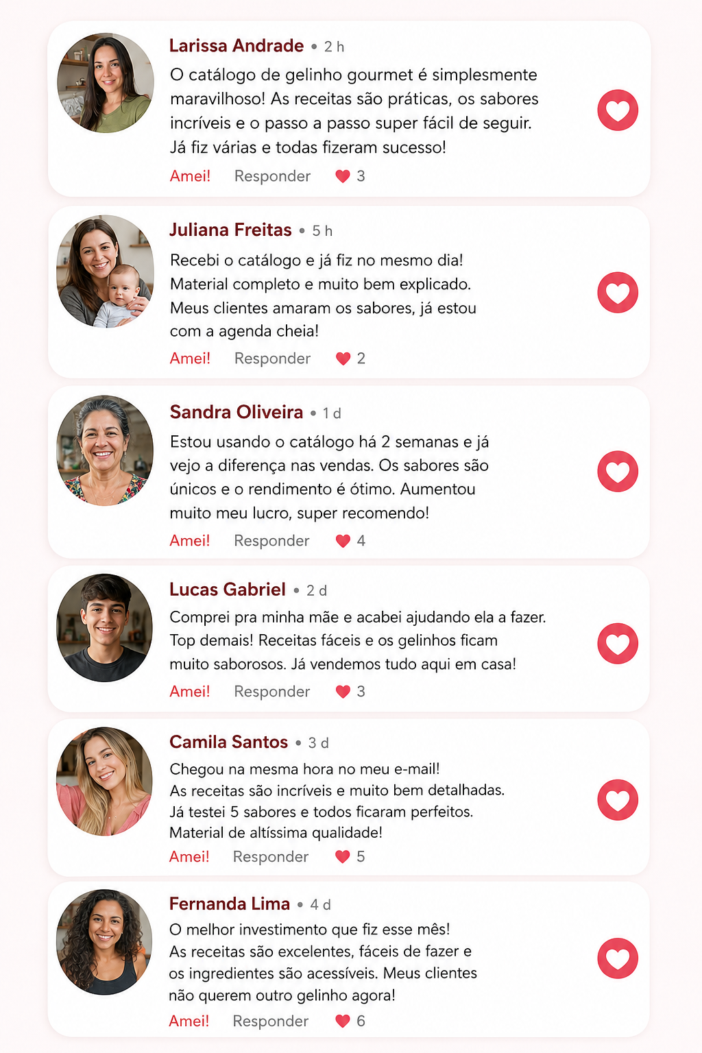 Comentários de clientes satisfeitos com o catálogo